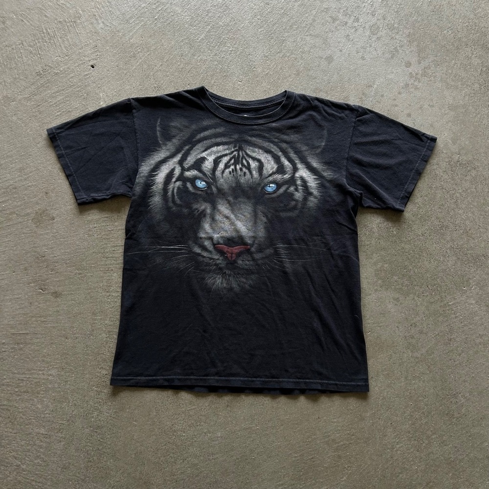 Vintage Y2K Liquid Blue Tiger Shirt Size Medium Black White Tiger Animal